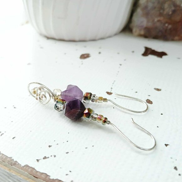 Boho Style Amethyst Dangle Drop Earrings, Crystal Gemstone Beaded Statement - Picture 4 of 10